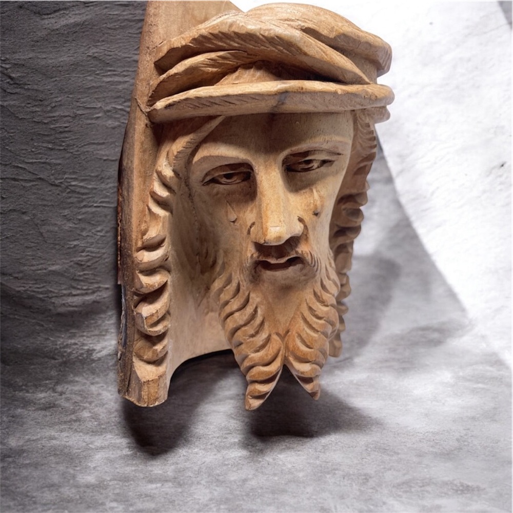 Vintage Weeping Jesus Wood Hand Carved Religious Folk Art